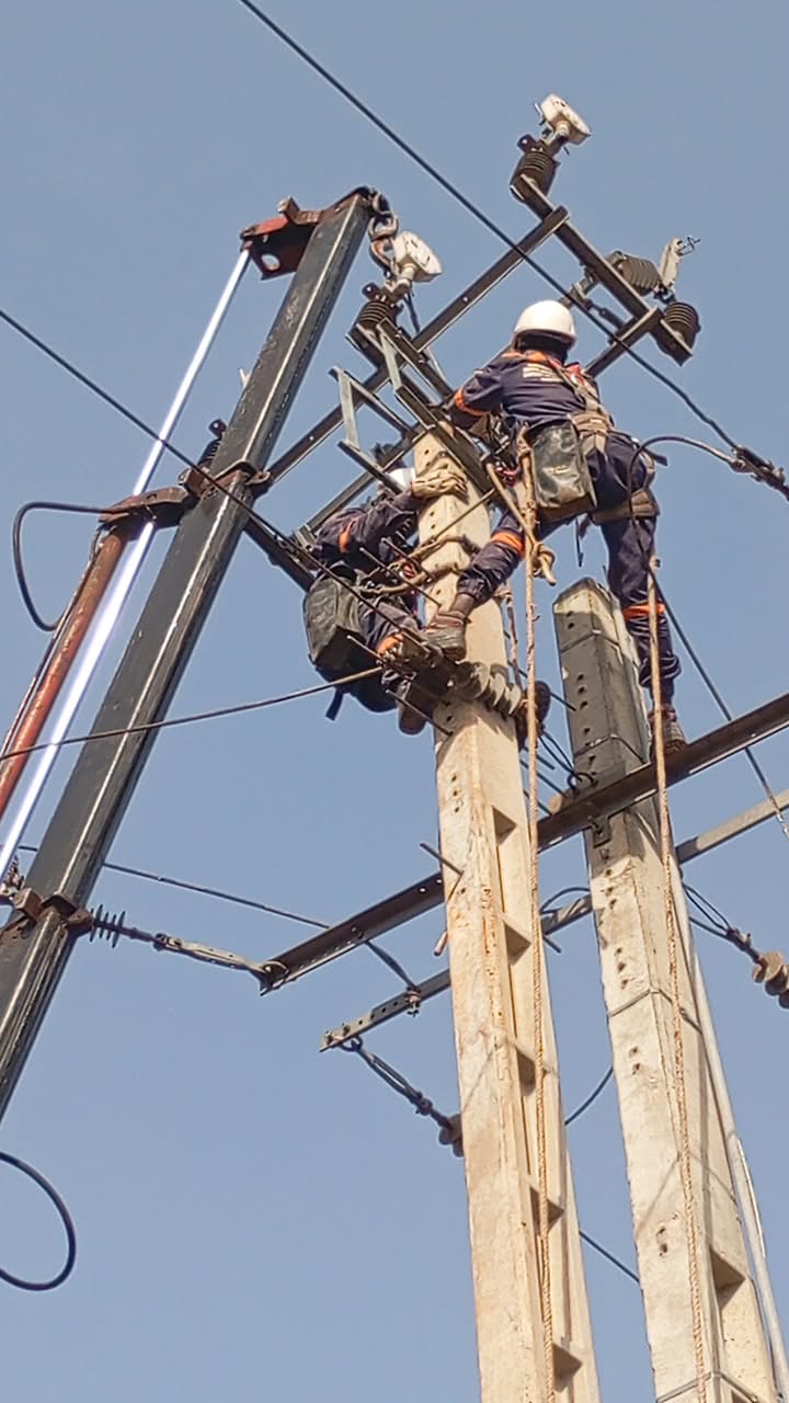 Techniciens DIPRESS INTERNATIONAL raccordant les isolateurs sur un poste haute tension