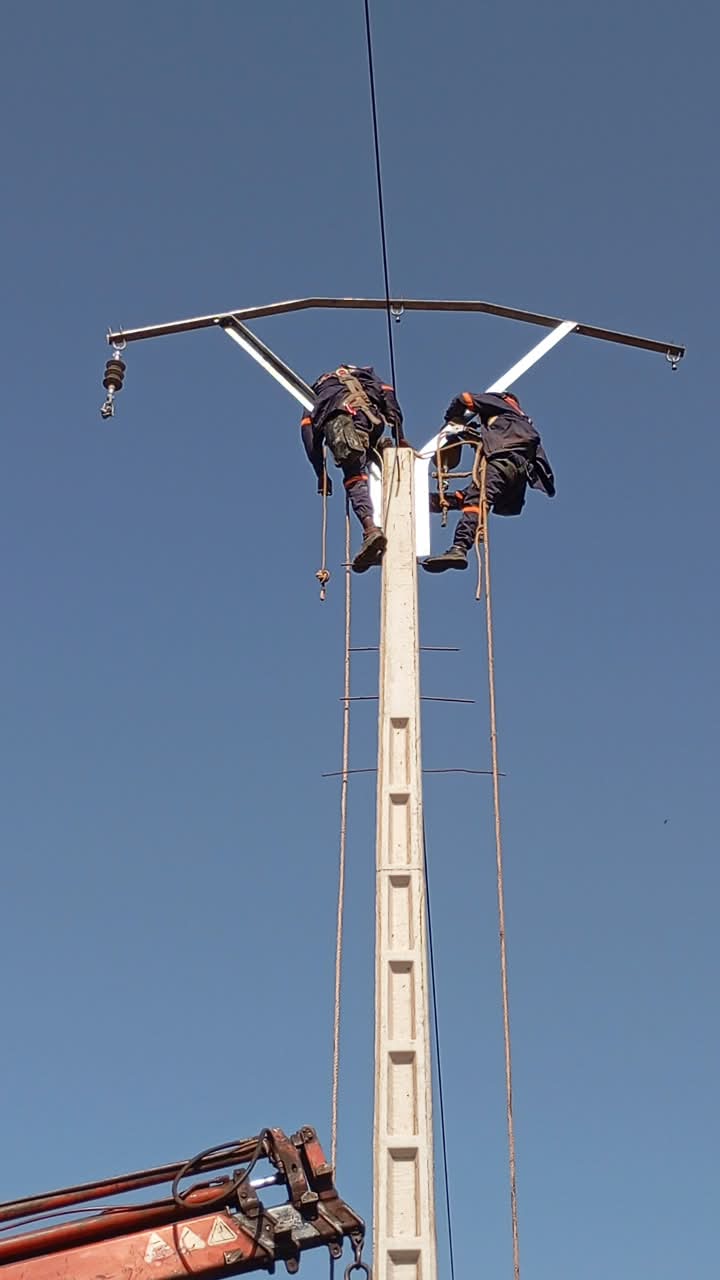 Techniciens DIPRESS INTERNATIONAL en hauteur sur un poste électrique double poteau
